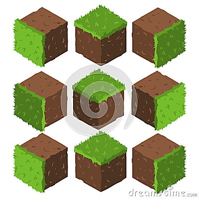 Cartoon Isometric grass and rock stone game brick cube. Vector Illustration