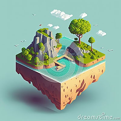 Cartoon isometric private island with mountain, Generative AI Stock Photo