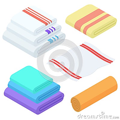 Cartoon isometric towels vector set. Cloth folded towel for bath. Vector Illustration