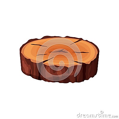 Cartoon isometric tree trunk slice isolated on white background. Wooden log cross section with splits and cracks vector Vector Illustration