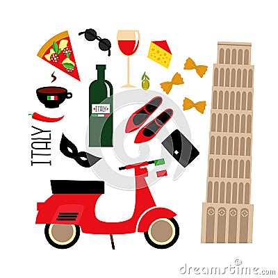 Cartoon italian culture symbols: Pisa tower, retro scooter, red wine, coffee, pizza, pasta, cheese, fashion shoes. Vector Illustration
