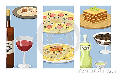 Cartoon Italy food cards cuisine delicious homemade cooking fresh traditional Italian lunch vector illustration. Vector Illustration