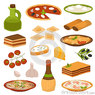 Cartoon Italy food cuisine delicious homemade cooking fresh traditional Italian lunch vector illustration. Vector Illustration