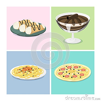 Cartoon Italy food cuisine delicious homemade cooking fresh traditional Italian lunch vector illustration. Vector Illustration