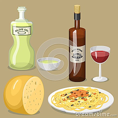 Cartoon Italy food cuisine delicious homemade cooking fresh traditional Italian lunch vector illustration. Vector Illustration