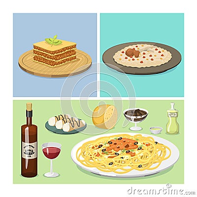 Cartoon Italy food cuisine delicious homemade cooking fresh traditional Italian lunch vector illustration. Vector Illustration