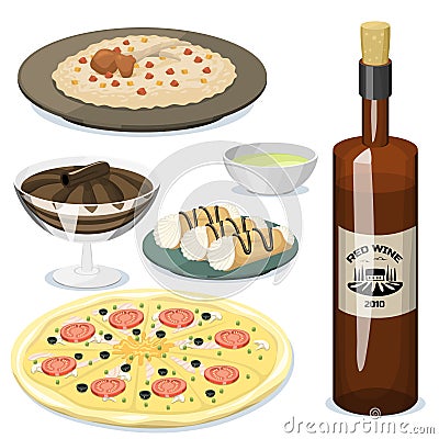 Cartoon Italy food cuisine delicious homemade cooking fresh traditional Italian lunch vector illustration. Vector Illustration