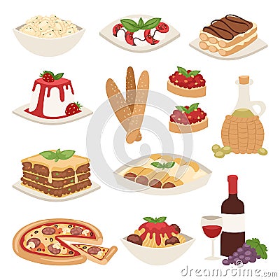 Cartoon italy food cuisine delicious homemade cooking fresh traditional lunch vector illustration. Vector Illustration