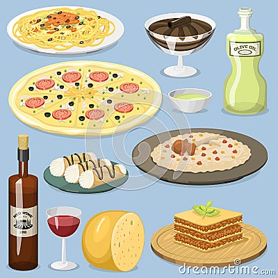 Cartoon Italy food cuisine homemade cooking fresh traditional Italian lunch vector illustration. Vector Illustration