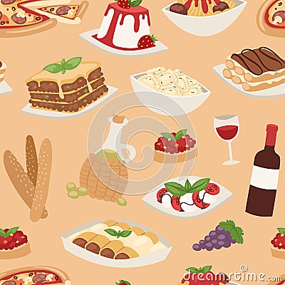 Cartoon italy food cuisine traditional seamless pattern vector illustration. Vector Illustration