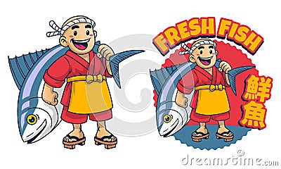 Cartoon Japan Fish Seller with Giant Fish Vector Illustration