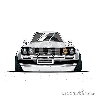 Cartoon japan tuned old car isolated. Front view. Vector illustration Vector Illustration