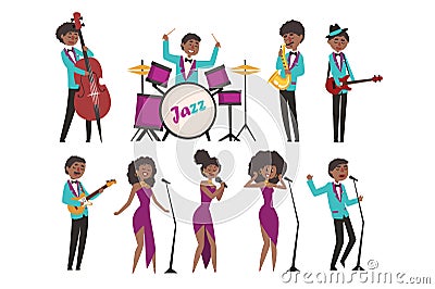 Cartoon jazz artists characters singing and playing on musical instruments. Contrabassist, drummer, saxophonist Vector Illustration