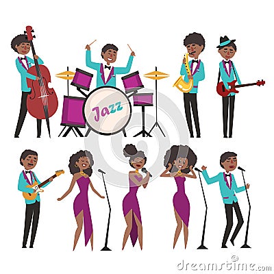 Cartoon jazz artists characters singing and playing on musical instruments. Contrabassist, drummer, saxophonist Vector Illustration