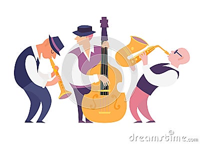 Cartoon jazz musicians group vector illustration: contrabassist, saxophone and clarinet Vector Illustration