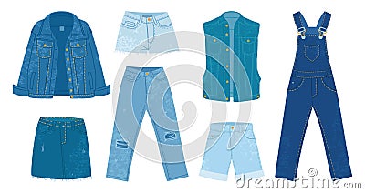 Cartoon jeans. Denim clothes, pants, casual jacket, skirt and overall, denim fabric garments flat vector illustration set on white Vector Illustration