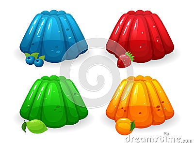 Cartoon jelly. Sweet blueberry, strawberry, lime and peach taste jellies. Colorful gelatin dessert isolated vector Vector Illustration