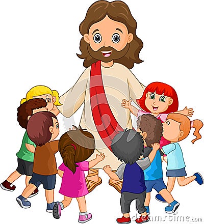 Cartoon Jesus Christ being surrounded by children Vector Illustration