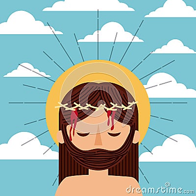 Cartoon jesus christ with crown thorns clouds sky Vector Illustration