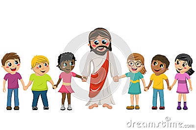 Cartoon Jesus hand in hand kids children Vector Illustration