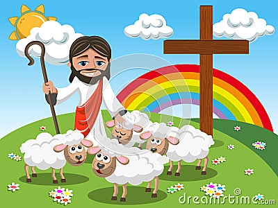 Cartoon Jesus holding stick stroking sheep meadow Vector Illustration