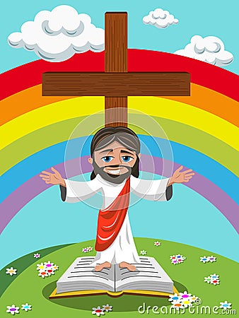 Cartoon Jesus open arms gospel bible meadow Vector Illustration