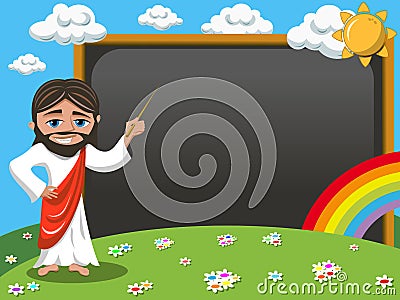 Cartoon jesus teaching stick blank blackboard chalkboard meadow Vector Illustration