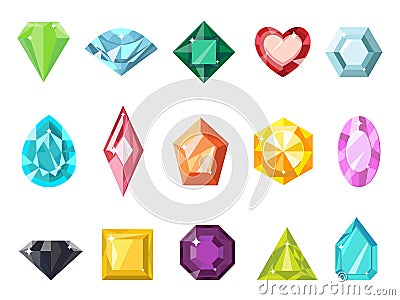 Cartoon jewelry gem stone, diamond and brilliant icons. Flat gemstone for game. Shiny crystal, emerald, ruby heart and Vector Illustration