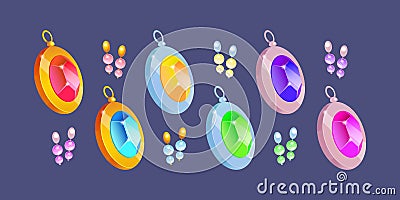 Cartoon jewelry, set of gold and silver pendants Vector Illustration