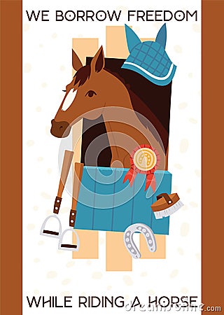 Cartoon jokey banner with horse in stable, equipment for horse riding, stirrup, horseshoe, equine with prize. Vector Vector Illustration