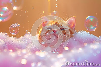 Cartoon of a joyful cat bathing in bubbles and foam with playful soap suds, pet grooming concept Stock Photo