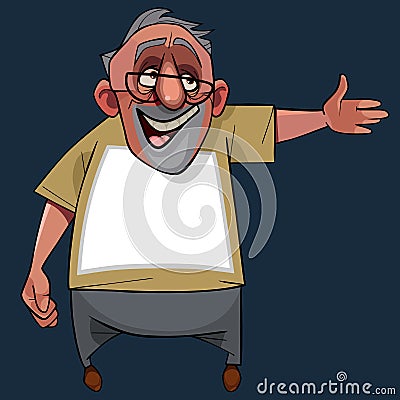 Cartoon joyful gray-haired man in glasses points a hand to the side Vector Illustration