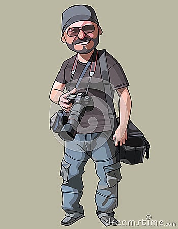 Cartoon joyful male photographer with camera in hand Vector Illustration