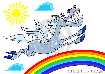 Cartoon joyful pegasus. Vector color image of pegasus and rainbow. Cartoon pegasus jumps over the rainbow. Illustration isolated Vector Illustration