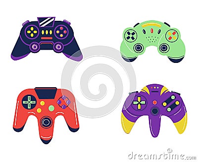 Cartoon joystick set. Video game equipment. Colorful controllers for console. Gamepads different forms collection Cartoon Illustration