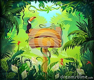 Cartoon jungle background. Tropical forest nature frame, game screen with wooden panel and green exotic leaves. Vector Vector Illustration