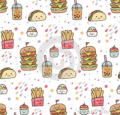 Cartoon junk food kawaii seamless pattern Stock Photo