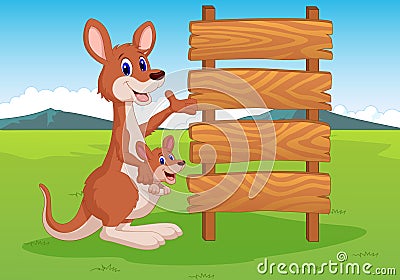 Cartoon Kangaroo and wooden sign Vector Illustration