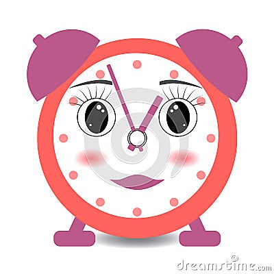 Cartoon kawaii alarm clock woman girl coral color smiling popular character Stock Photo