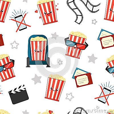 Cartoon kawaii buckets of popcorn, clapperboard, smartphone and film roll, cinema seamless background Vector Illustration