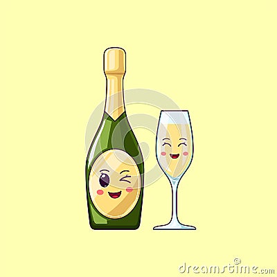 Cartoon kawaii Champagne with Winking face. Cute Champagne bottle with Wineglass Vector Illustration