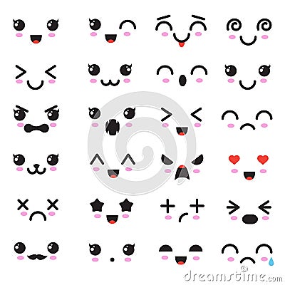 Cartoon kawaii eyes and mouths. Cute emoticon emoji characters in japanese style Vector Illustration