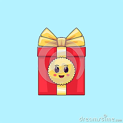 Cartoon kawaii Gift Box with Cheerful face. Cute red Gift with golden Bowknot Vector Illustration