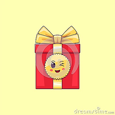 Cartoon kawaii Gift Box with Winking face. Cute red Gift with golden Bowknot Vector Illustration