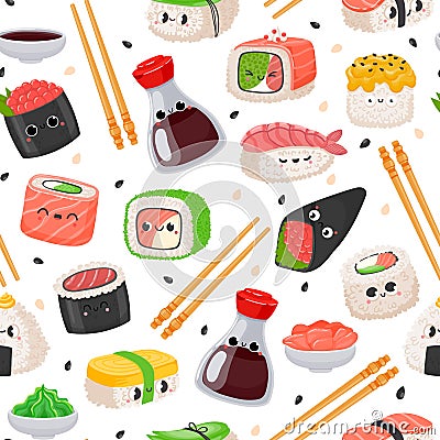 Cartoon kawaii sushi emoji character seamless pattern. Cute japanese food, rice roll with salmon, onigiri, soy sauce Vector Illustration