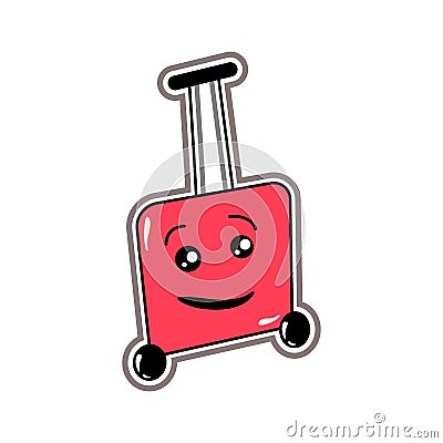 Cartoon kawaii wheeled suitcase. Flat traveler luggage, baggage with handle lifted up. Vector Illustration