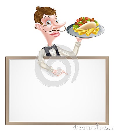 Cartoon Kebab and Chips Waiter Sign Vector Illustration