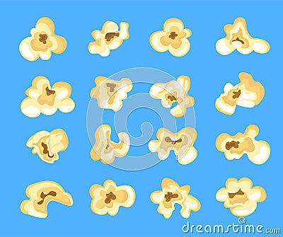 Cartoon kernels popcorn. Classic movie snack. Kernel salty pop corn, caramel sweetcorn, cinema snack food, set Vector Illustration