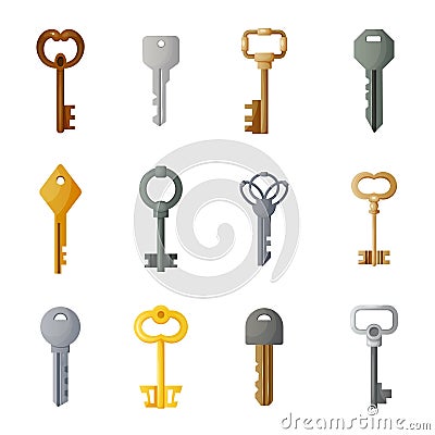 Cartoon keys. Ancient and modern retro metal latchkeys. Treasure lock and home security. Secret signs. Door opener with various Vector Illustration