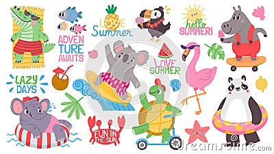 Cartoon kid animal summer vacation activity at beach. Koala surfer, flamingo and elephant swim on inflatable ring Vector Illustration
